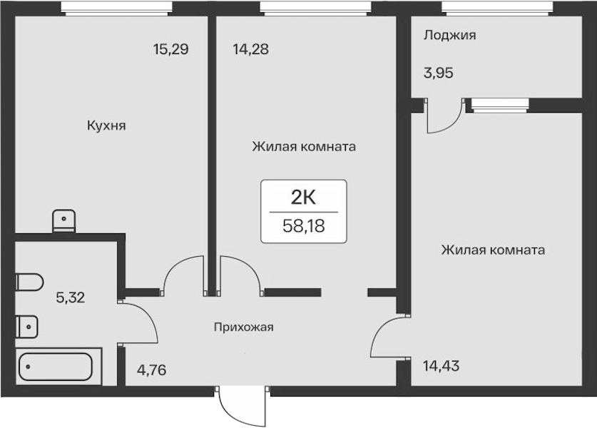 2-комнатная квартира 58.18 м², 1/12 эт., ЖК «Расцветай в Янино»